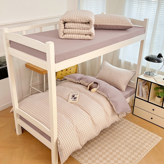 91家纺网 家纺一手货源 找家纺 梦舒羽 2025新款双层纱格子学生宿舍上下铺套件 常规款-可可咖格