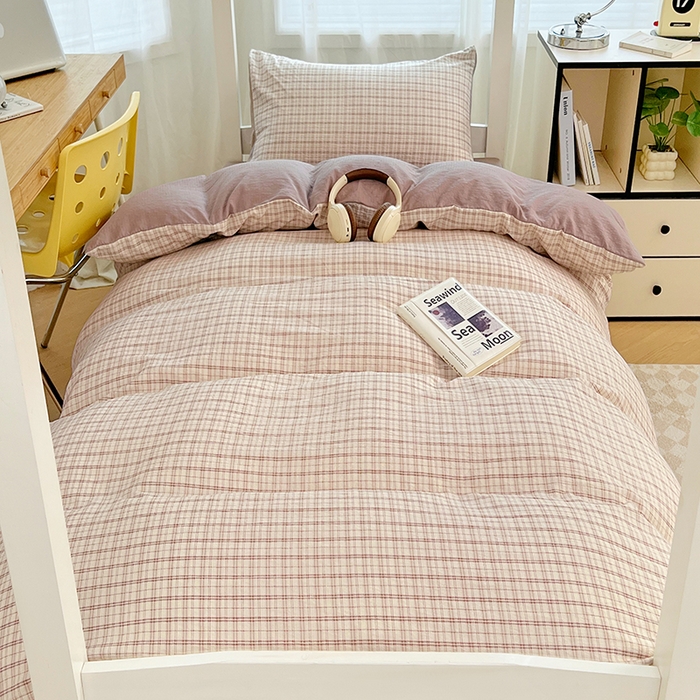 91家纺网 家纺一手货源 找家纺 梦舒羽 2025新款双层纱格子学生宿舍上下铺套件 常规款-可可咖格