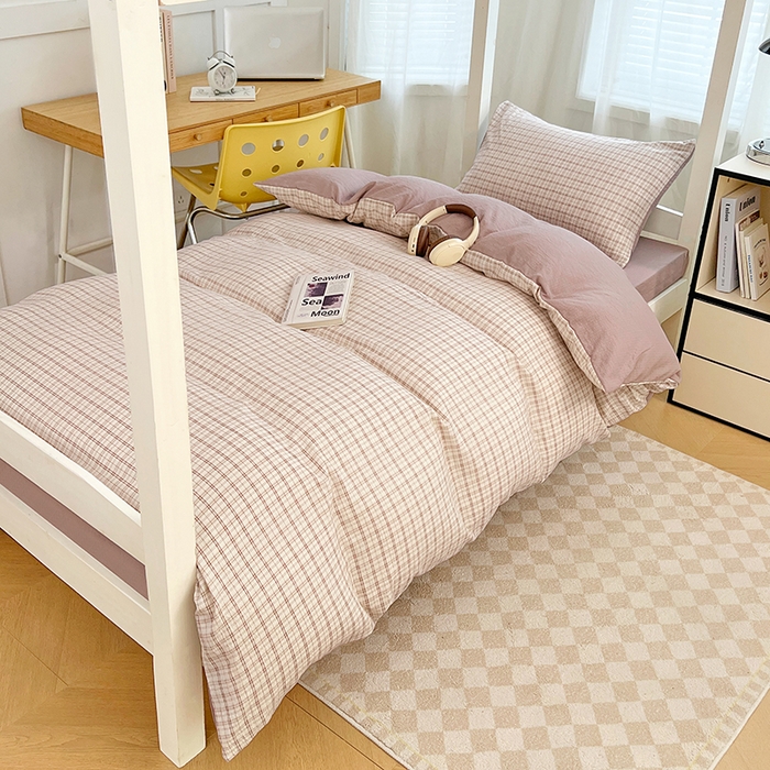 91家纺网 家纺一手货源 找家纺 梦舒羽 2025新款双层纱格子学生宿舍上下铺套件 常规款-可可咖格