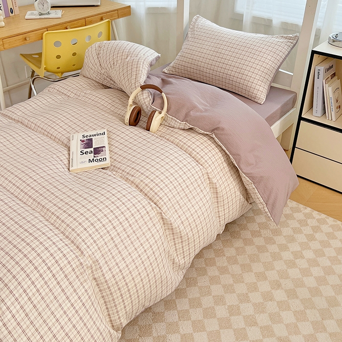 91家纺网 家纺一手货源 找家纺 梦舒羽 2025新款双层纱格子学生宿舍上下铺套件 常规款-可可咖格
