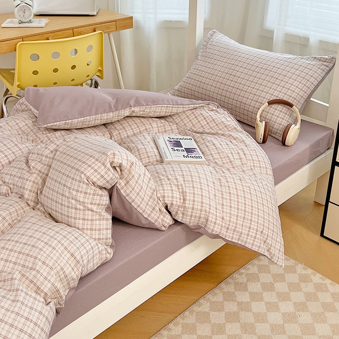 91家纺网 家纺一手货源 找家纺 梦舒羽 2025新款双层纱格子学生宿舍上下铺套件 常规款-可可咖格