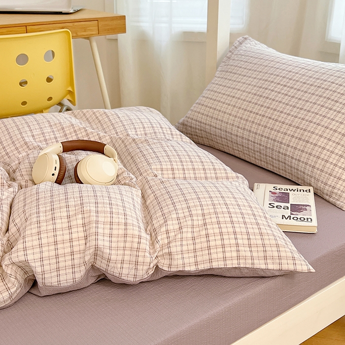 91家纺网 家纺一手货源 找家纺 梦舒羽 2025新款双层纱格子学生宿舍上下铺套件 常规款-可可咖格