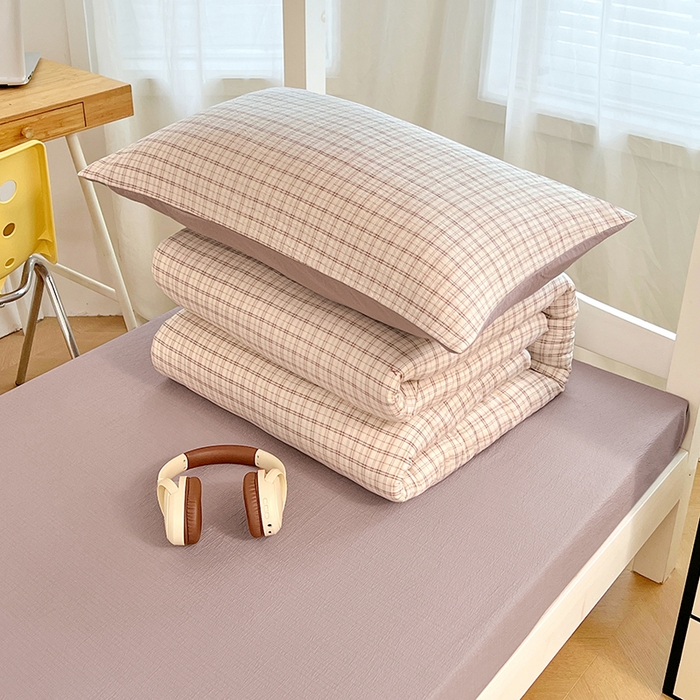 91家纺网 家纺一手货源 找家纺 梦舒羽 2025新款双层纱格子学生宿舍上下铺套件 常规款-可可咖格