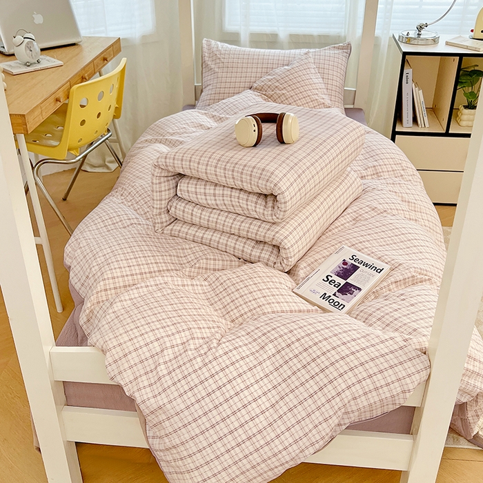 91家纺网 家纺一手货源 找家纺 梦舒羽 2025新款双层纱格子学生宿舍上下铺套件 常规款-可可咖格
