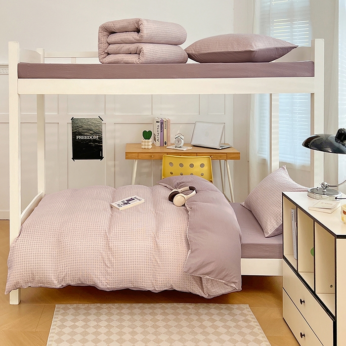 91家纺网 家纺一手货源 找家纺 梦舒羽 2025新款双层纱格子学生宿舍上下铺套件 常规款-莱茵粉格