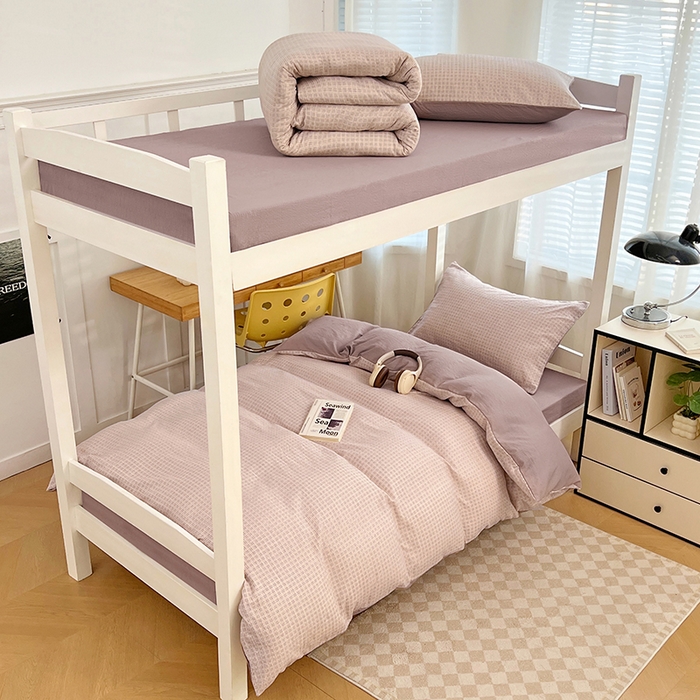 91家纺网 家纺一手货源 找家纺 梦舒羽 2025新款双层纱格子学生宿舍上下铺套件 常规款-莱茵粉格