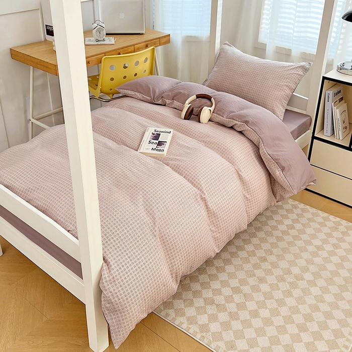 91家纺网 家纺一手货源 找家纺 梦舒羽 2025新款双层纱格子学生宿舍上下铺套件 常规款-莱茵粉格