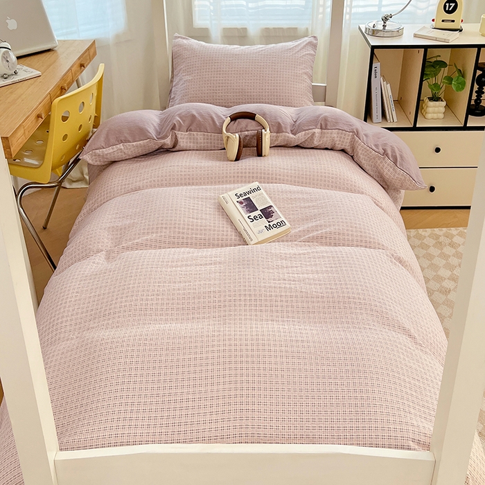 91家纺网 家纺一手货源 找家纺 梦舒羽 2025新款双层纱格子学生宿舍上下铺套件 常规款-莱茵粉格