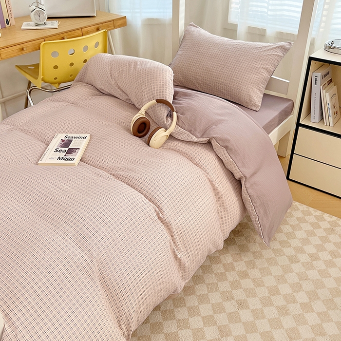 91家纺网 家纺一手货源 找家纺 梦舒羽 2025新款双层纱格子学生宿舍上下铺套件 常规款-莱茵粉格