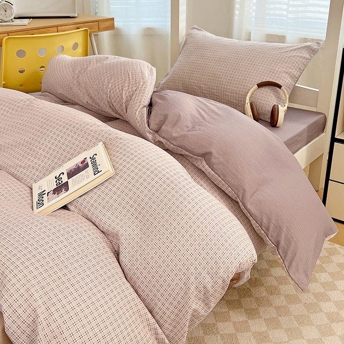 91家纺网 家纺一手货源 找家纺 梦舒羽 2025新款双层纱格子学生宿舍上下铺套件 常规款-莱茵粉格