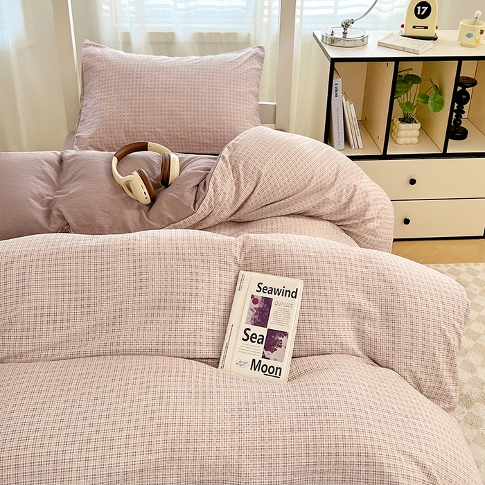 91家纺网 家纺一手货源 找家纺 梦舒羽 2025新款双层纱格子学生宿舍上下铺套件 常规款-莱茵粉格