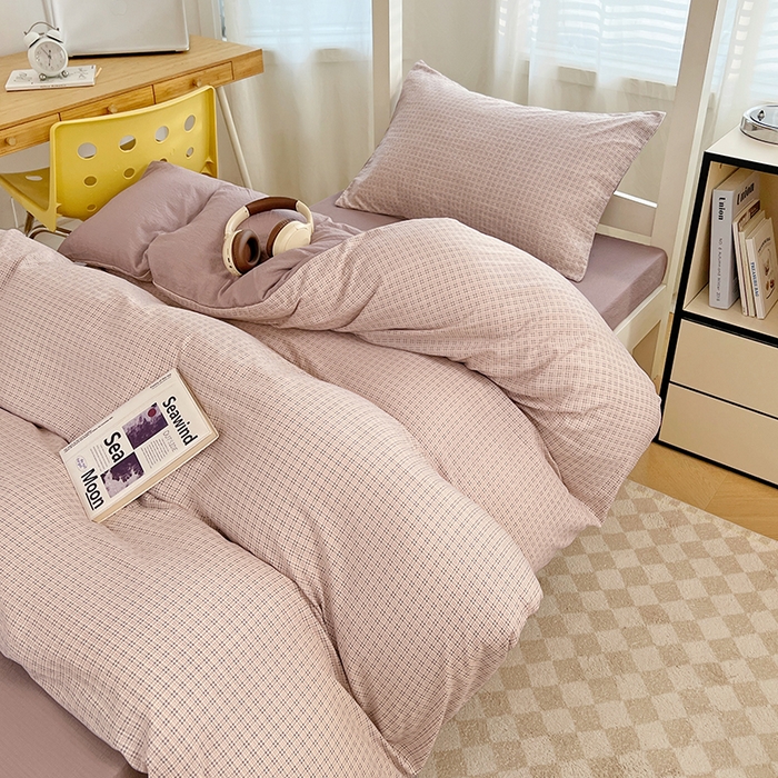 91家纺网 家纺一手货源 找家纺 梦舒羽 2025新款双层纱格子学生宿舍上下铺套件 常规款-莱茵粉格