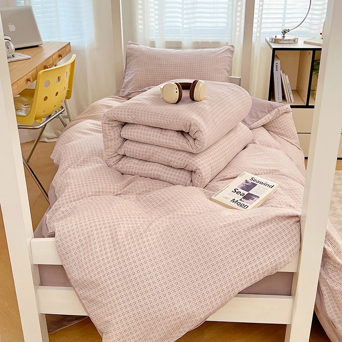 91家纺网 家纺一手货源 找家纺 梦舒羽 2025新款双层纱格子学生宿舍上下铺套件 常规款-莱茵粉格