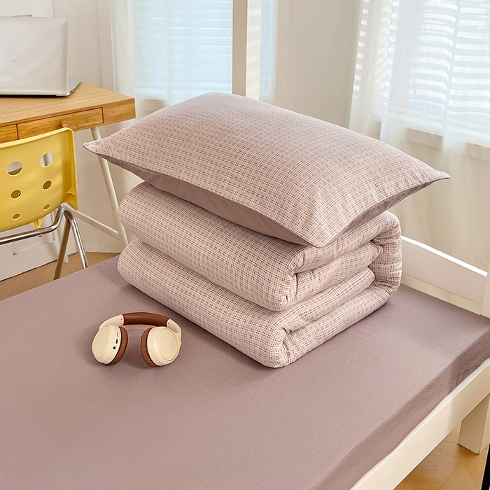 91家纺网 家纺一手货源 找家纺 梦舒羽 2025新款双层纱格子学生宿舍上下铺套件 常规款-莱茵粉格