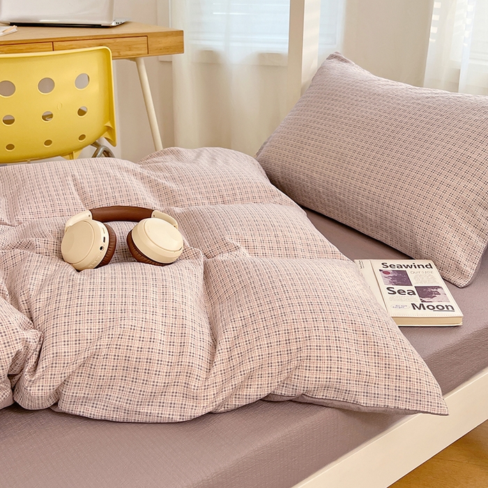 91家纺网 家纺一手货源 找家纺 梦舒羽 2025新款双层纱格子学生宿舍上下铺套件 常规款-莱茵粉格