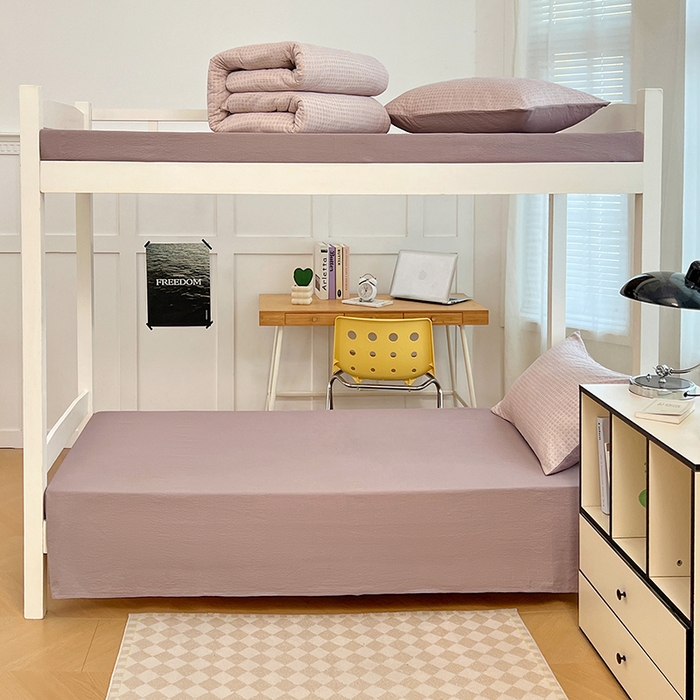 91家纺网 家纺一手货源 找家纺 梦舒羽 2025新款双层纱格子学生宿舍上下铺套件 常规款-莱茵粉格