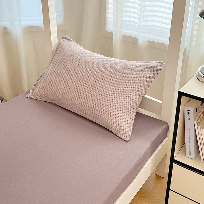 91家纺网 家纺一手货源 找家纺 梦舒羽 2025新款双层纱格子学生宿舍上下铺套件 常规款-莱茵粉格