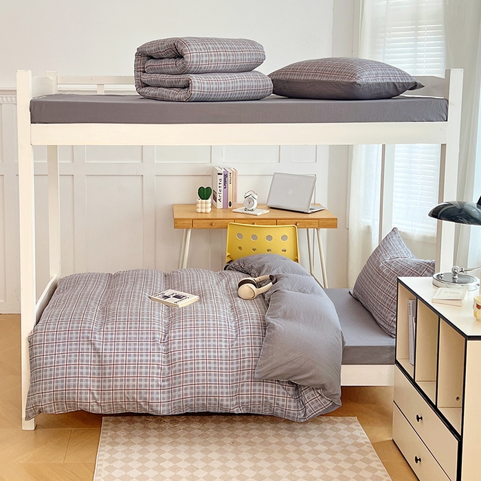 91家纺网 家纺一手货源 找家纺 梦舒羽 2025新款双层纱格子学生宿舍上下铺套件 常规款-洛卡深灰