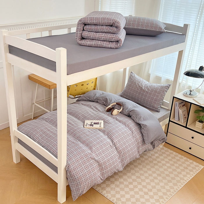 91家纺网 家纺一手货源 找家纺 梦舒羽 2025新款双层纱格子学生宿舍上下铺套件 常规款-洛卡深灰