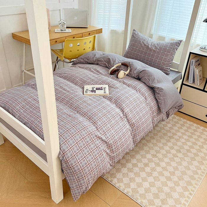 91家纺网 家纺一手货源 找家纺 梦舒羽 2025新款双层纱格子学生宿舍上下铺套件 常规款-洛卡深灰