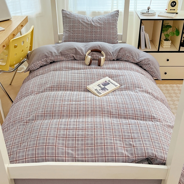 91家纺网 家纺一手货源 找家纺 梦舒羽 2025新款双层纱格子学生宿舍上下铺套件 常规款-洛卡深灰