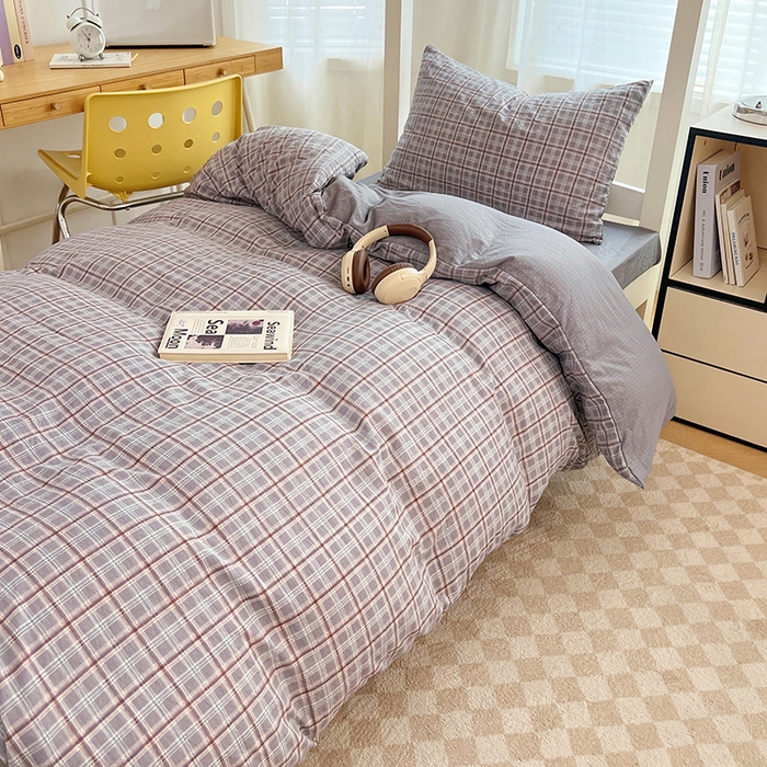 91家纺网 家纺一手货源 找家纺 梦舒羽 2025新款双层纱格子学生宿舍上下铺套件 常规款-洛卡深灰