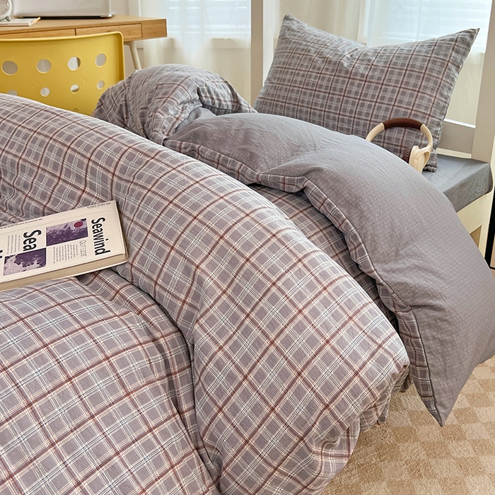 91家纺网 家纺一手货源 找家纺 梦舒羽 2025新款双层纱格子学生宿舍上下铺套件 常规款-洛卡深灰