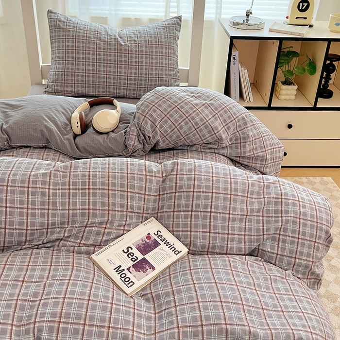 91家纺网 家纺一手货源 找家纺 梦舒羽 2025新款双层纱格子学生宿舍上下铺套件 常规款-洛卡深灰