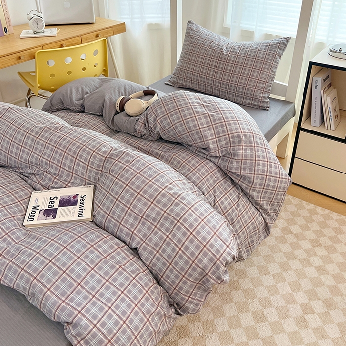 91家纺网 家纺一手货源 找家纺 梦舒羽 2025新款双层纱格子学生宿舍上下铺套件 常规款-洛卡深灰