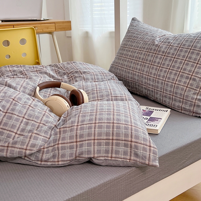 91家纺网 家纺一手货源 找家纺 梦舒羽 2025新款双层纱格子学生宿舍上下铺套件 常规款-洛卡深灰