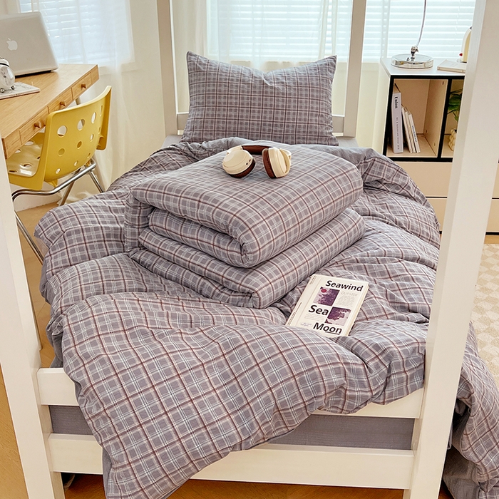 91家纺网 家纺一手货源 找家纺 梦舒羽 2025新款双层纱格子学生宿舍上下铺套件 常规款-洛卡深灰