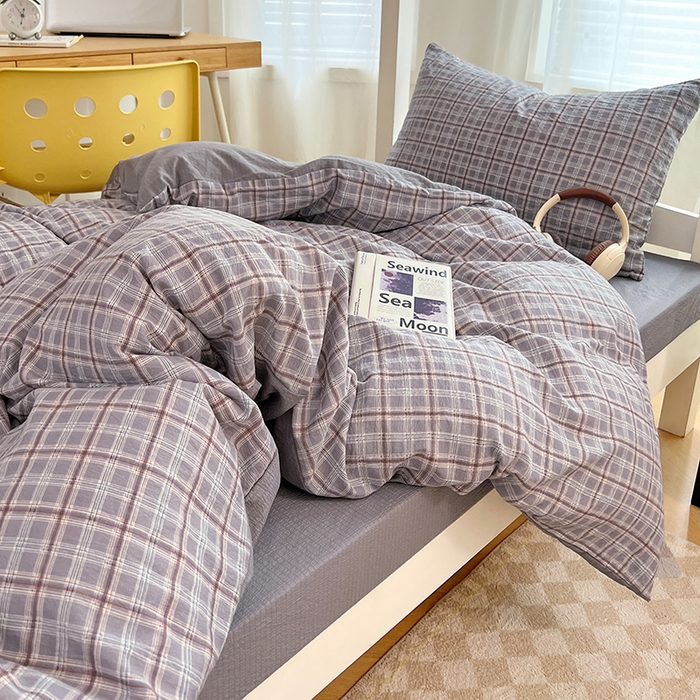 91家纺网 家纺一手货源 找家纺 梦舒羽 2025新款双层纱格子学生宿舍上下铺套件 常规款-洛卡深灰