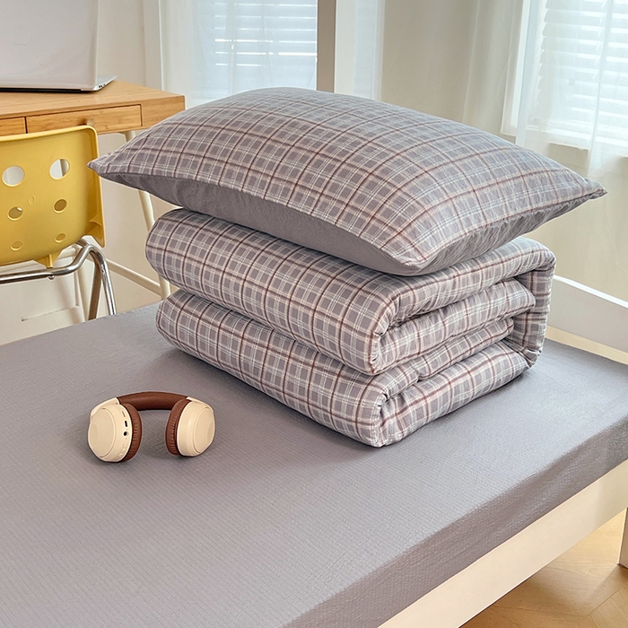 91家纺网 家纺一手货源 找家纺 梦舒羽 2025新款双层纱格子学生宿舍上下铺套件 常规款-洛卡深灰