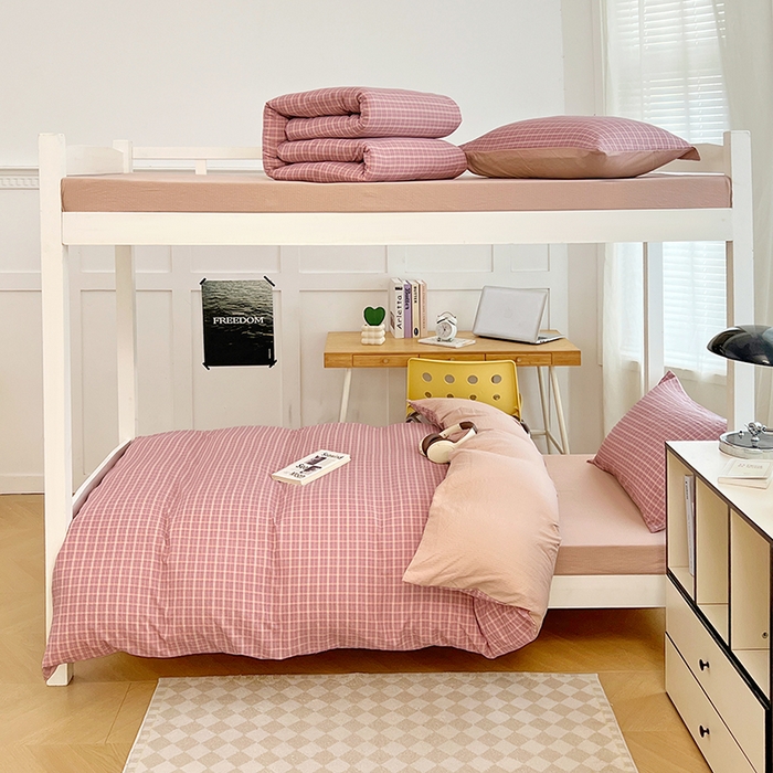 91家纺网 家纺一手货源 找家纺 梦舒羽 2025新款双层纱格子学生宿舍上下铺套件 常规款-落日红格