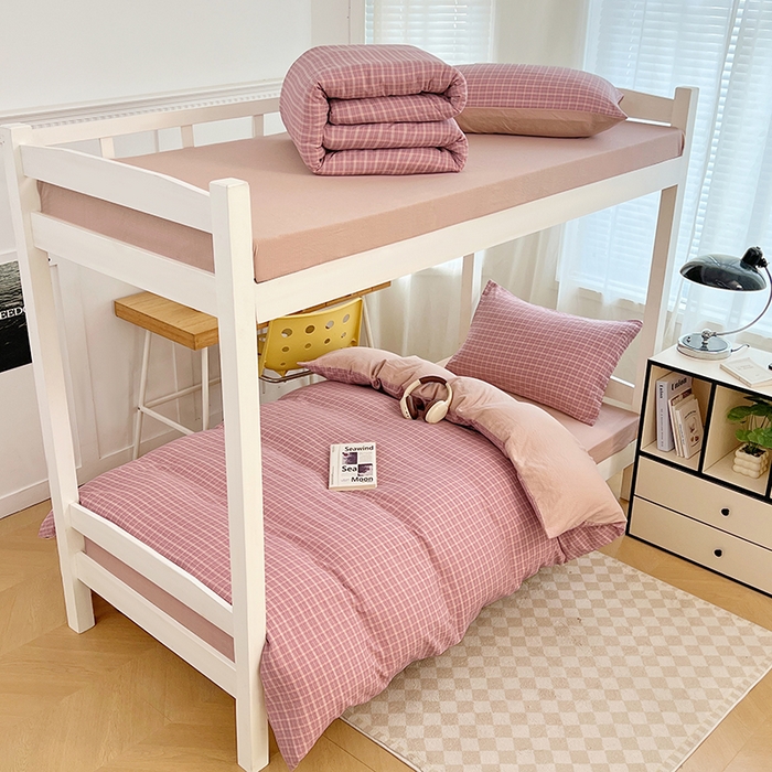 91家纺网 家纺一手货源 找家纺 梦舒羽 2025新款双层纱格子学生宿舍上下铺套件 常规款-落日红格