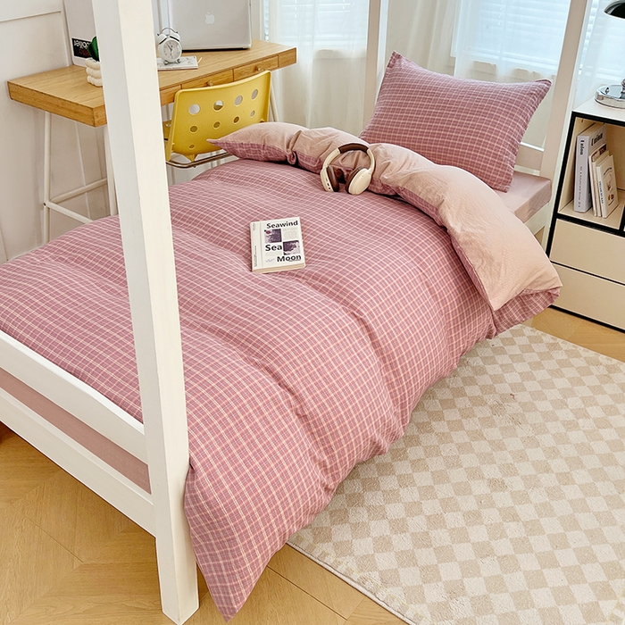 91家纺网 家纺一手货源 找家纺 梦舒羽 2025新款双层纱格子学生宿舍上下铺套件 常规款-落日红格