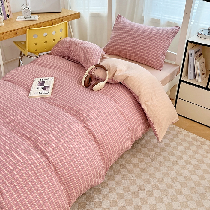 91家纺网 家纺一手货源 找家纺 梦舒羽 2025新款双层纱格子学生宿舍上下铺套件 常规款-落日红格