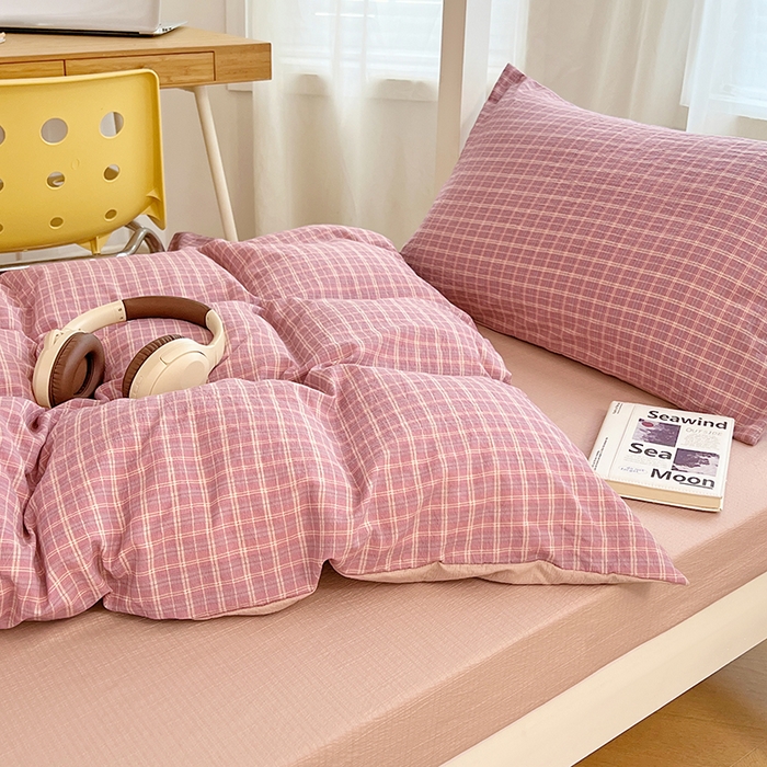 91家纺网 家纺一手货源 找家纺 梦舒羽 2025新款双层纱格子学生宿舍上下铺套件 常规款-落日红格