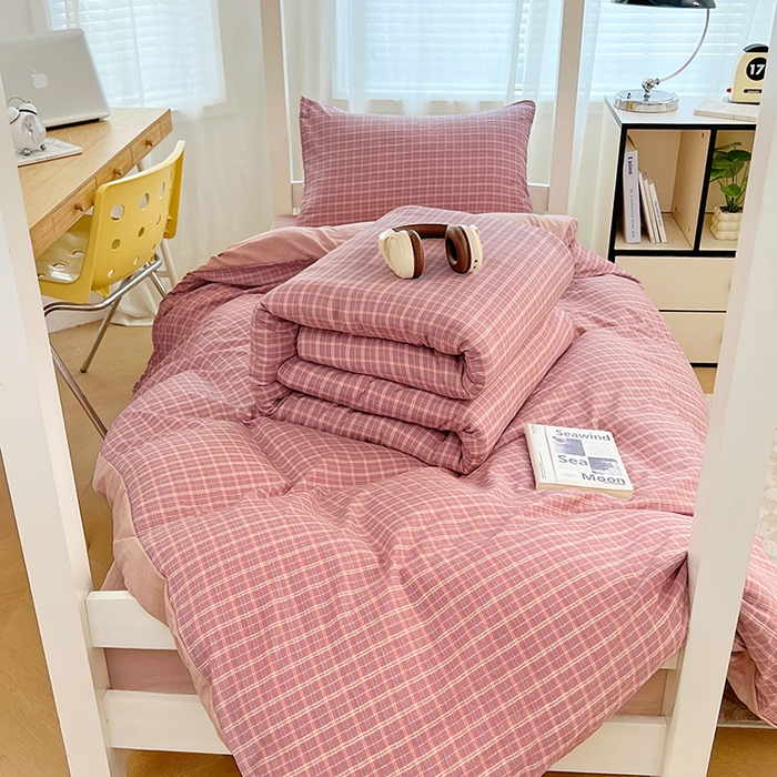 91家纺网 家纺一手货源 找家纺 梦舒羽 2025新款双层纱格子学生宿舍上下铺套件 常规款-落日红格