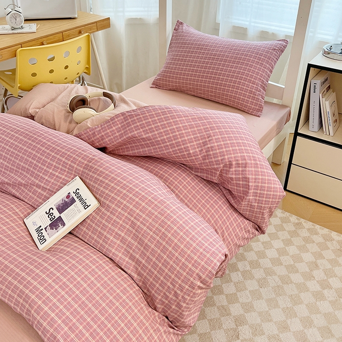 91家纺网 家纺一手货源 找家纺 梦舒羽 2025新款双层纱格子学生宿舍上下铺套件 常规款-落日红格