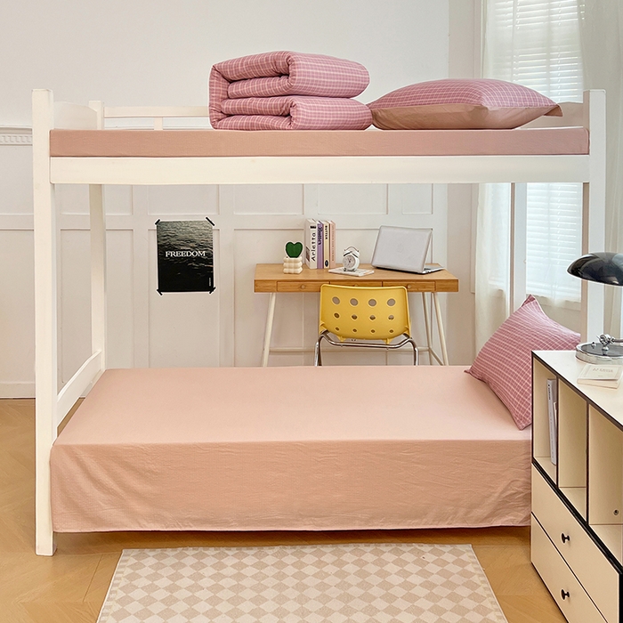 91家纺网 家纺一手货源 找家纺 梦舒羽 2025新款双层纱格子学生宿舍上下铺套件 常规款-落日红格