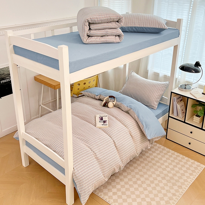 91家纺网 家纺一手货源 找家纺 梦舒羽 2025新款双层纱格子学生宿舍上下铺套件 常规款-魅力蓝咖