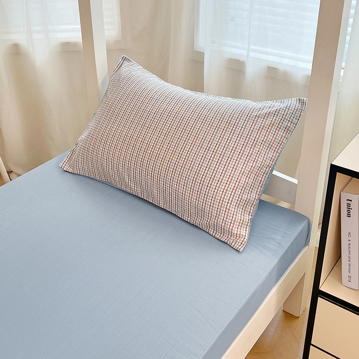 91家纺网 家纺一手货源 找家纺 梦舒羽 2025新款双层纱格子学生宿舍上下铺套件 常规款-魅力蓝咖