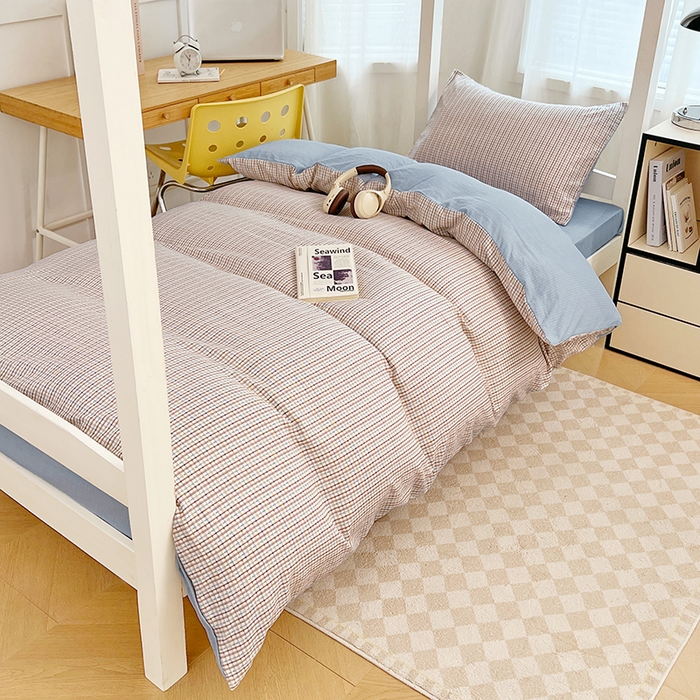 91家纺网 家纺一手货源 找家纺 梦舒羽 2025新款双层纱格子学生宿舍上下铺套件 常规款-魅力蓝咖