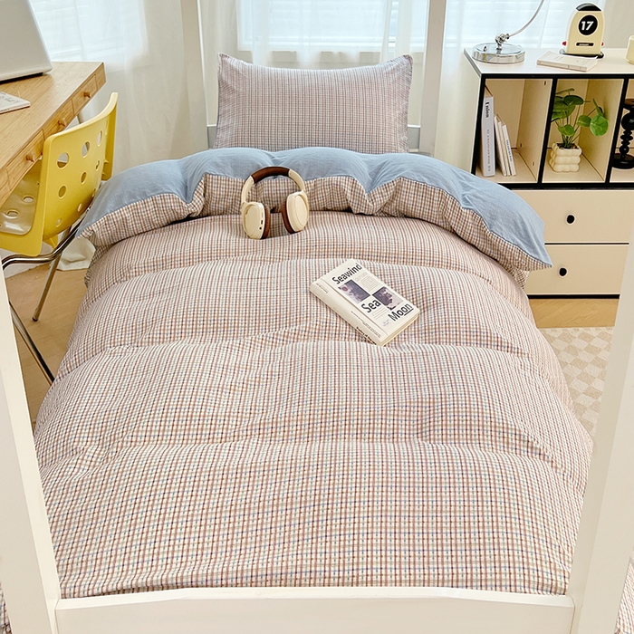 91家纺网 家纺一手货源 找家纺 梦舒羽 2025新款双层纱格子学生宿舍上下铺套件 常规款-魅力蓝咖
