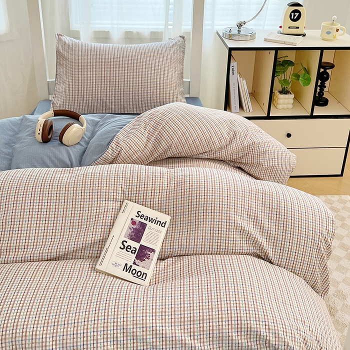 91家纺网 家纺一手货源 找家纺 梦舒羽 2025新款双层纱格子学生宿舍上下铺套件 常规款-魅力蓝咖