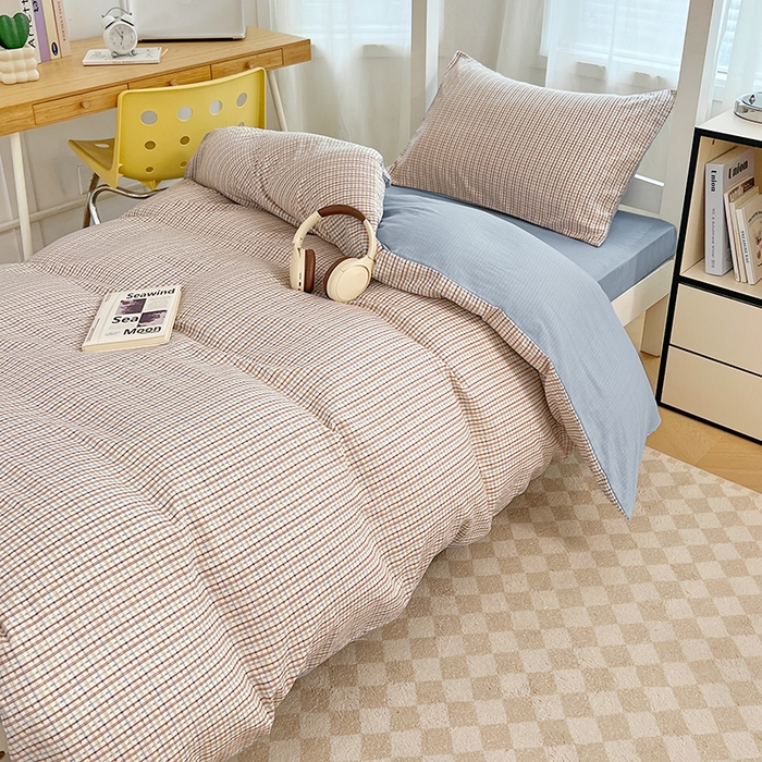91家纺网 家纺一手货源 找家纺 梦舒羽 2025新款双层纱格子学生宿舍上下铺套件 常规款-魅力蓝咖