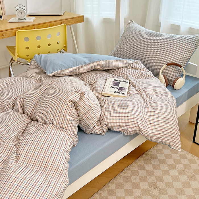 91家纺网 家纺一手货源 找家纺 梦舒羽 2025新款双层纱格子学生宿舍上下铺套件 常规款-魅力蓝咖