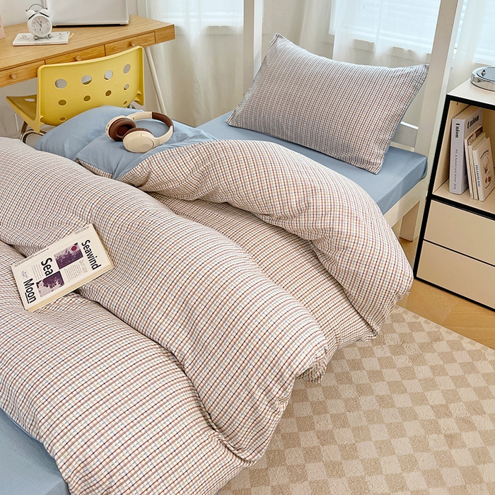 91家纺网 家纺一手货源 找家纺 梦舒羽 2025新款双层纱格子学生宿舍上下铺套件 常规款-魅力蓝咖