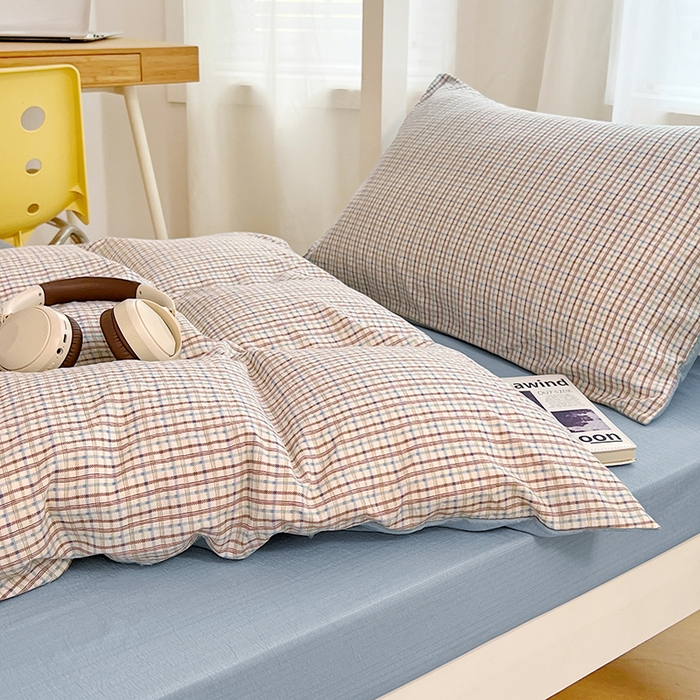 91家纺网 家纺一手货源 找家纺 梦舒羽 2025新款双层纱格子学生宿舍上下铺套件 常规款-魅力蓝咖